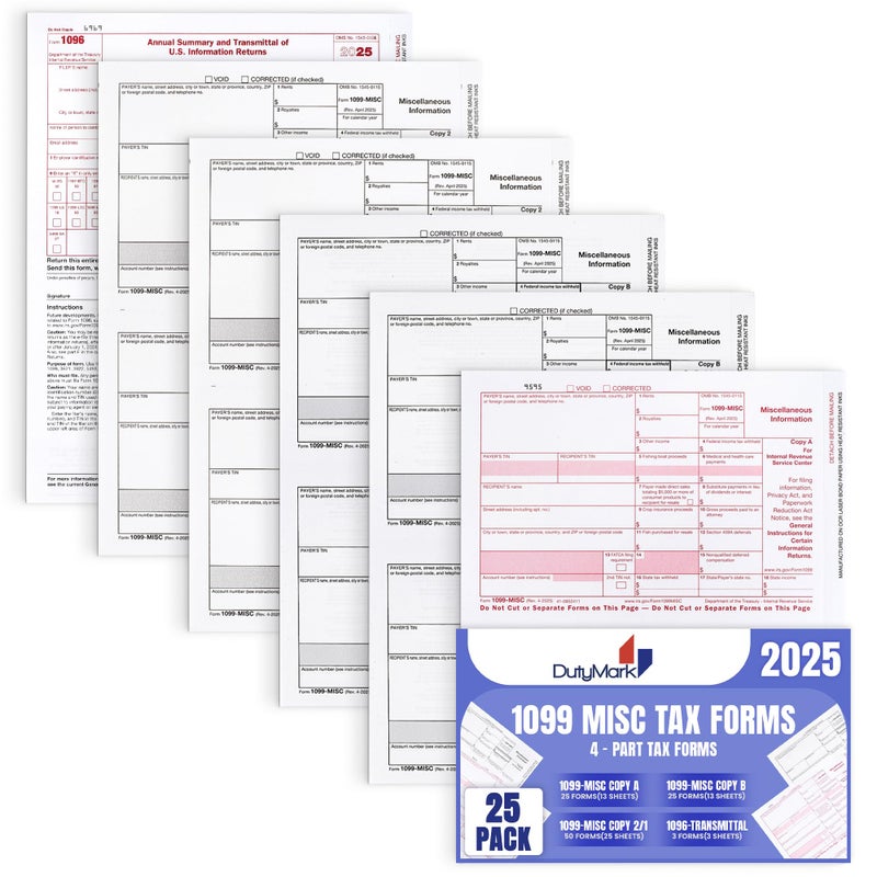 Dutymark 1099 MISC Forms 2025, 5 Part Set, Kit for 25 Vendors Complete Laser 1099 Tax Forms in Value Pack 1099 Misc 2025- NO ENVELOPES - Image 1